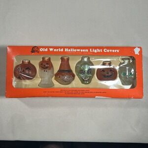 Vtg OLD‎ WORLD HALLOWEEN Glass Light Covers Box Set Of 6, Pumpkins, Skeleton